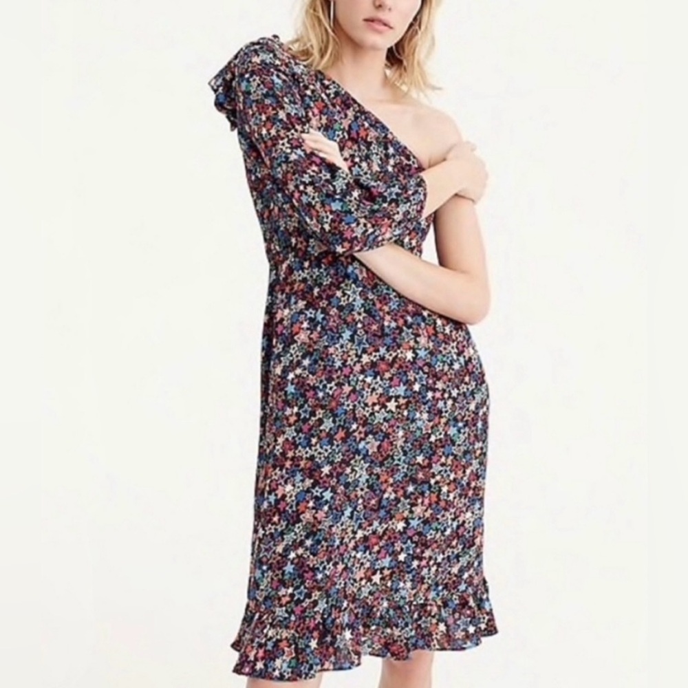 NWT J. Crew Multicolor Kaleidoscope Star Print One-Shoulder Dress Sz 6
